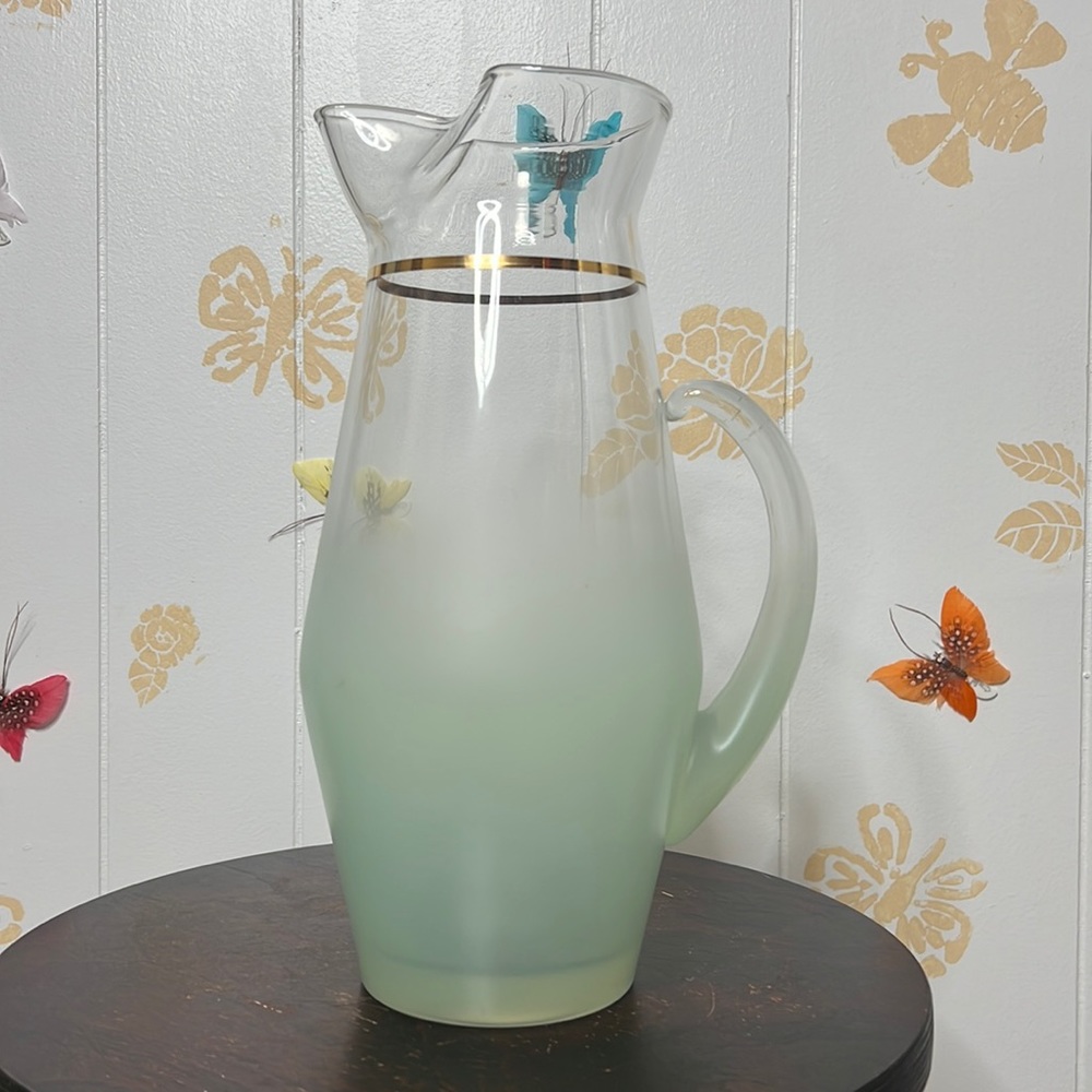 Vintage Blendo Glass Pitcher with Gold and Green Details
